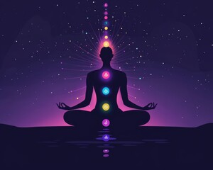 Illustration of Chakras in Meditative Pose With Cosmic Background