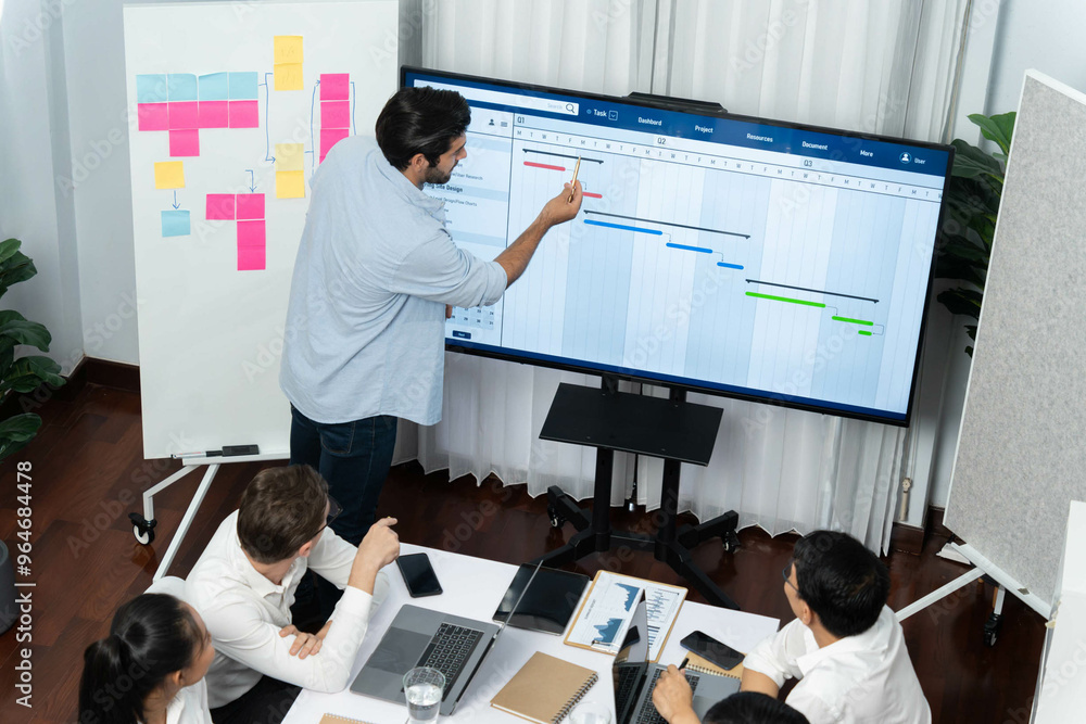 Poster project manager communicate and collaborate with team using project management software display on m