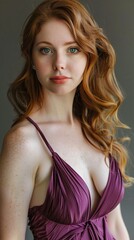 A portrait of a young woman in a burgundy dress...