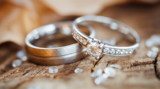 Elegant wedding bands on rustic wood