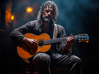 Obraz premium Bearded musician playing guitar in dim lighting 