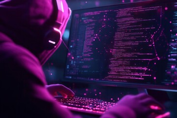 Hooded figure coding at a computer with glowing screen displaying code.