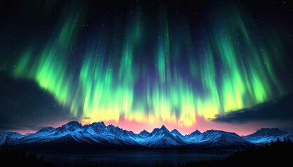 Aurora borealis illuminating snowy mountains at night