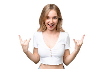 Young English woman over isolated background making horn gesture