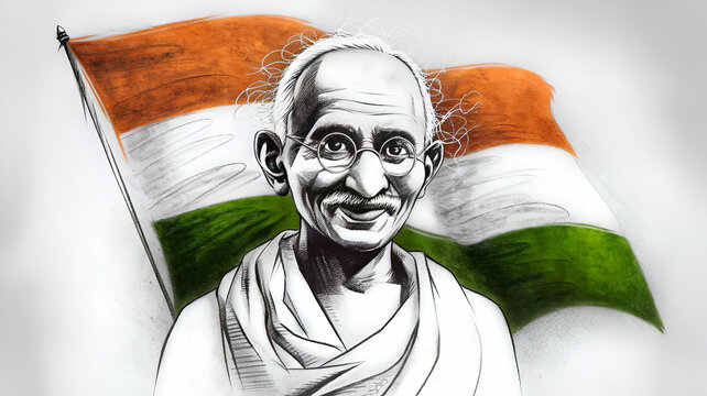 Mahatma Gandhi (Gandhiji) portrait in Black and White with Indian flag in background