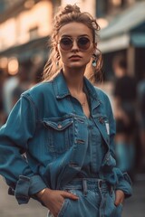 Obraz premium A stylish woman in a chic blue denim outfit exudes confidence and modern style on the city street