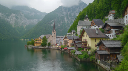 Naklejka premium Hallstatt village is a beautiful village located on the waterfront, surrounded by beautiful nature.