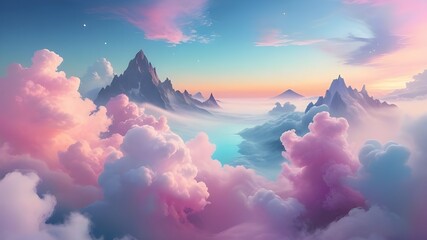 Digital painting of a fantastical landscape featuring a vibrant sky with pink and purple clouds, majestic mountains, and a body of water