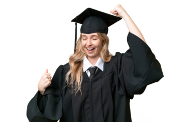 Young university English graduate woman over isolated background celebrating a victory