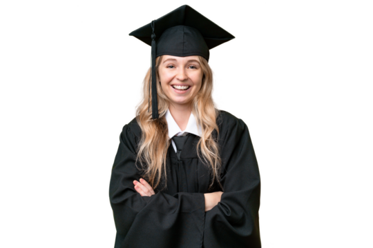Young university English graduate woman over isolated background keeping the arms crossed in frontal position