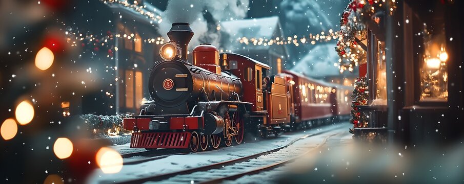 Christmas steam train traveling through decorated snowy town. Vintage winter locomotive. Christmas and New Year celebration. Holiday travel concept. Greeting card, banner with copy space