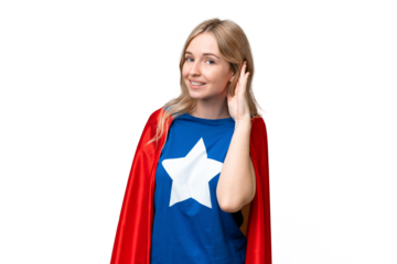 Super Hero English woman over isolated background listening to something by putting hand on the ear