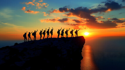 Siluetas de personas celebrando al amanecer en un acantilado como símbolo del trabajo en equipo  - obrazy, fototapety, plakaty
