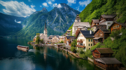 Fototapeta premium Hallstatt village is a beautiful village located on the waterfront, surrounded by beautiful nature.