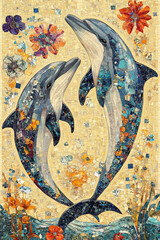 Two dolphins are swimming together in the ocean