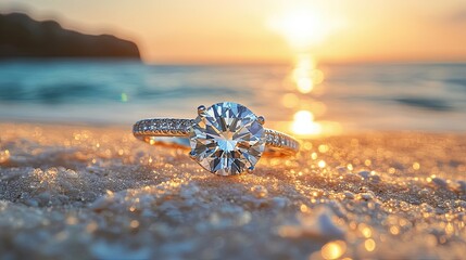 A sparkling diamond engagement ring rests on a sandy beach with a golden sunset reflecting over the ocean waves.
