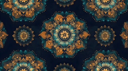 Teal and Gold Mandala Pattern Seamless Background