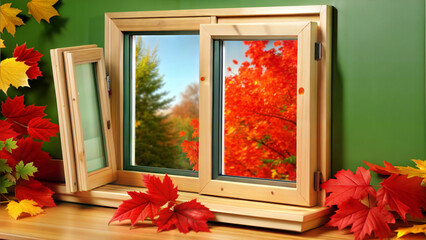 Open Wooden Window Frame with Colorful Autumn Leaves and Fall Scenery