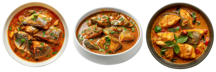 set of fish curry with tender fish pieces and a rich, aromatic sauce, served in a bowl on a transparent background