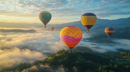 Obraz premium Colorful balloons hovering over the mountains at dawn, against a background of blue sky and greenery