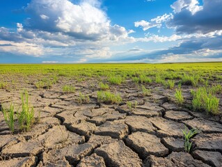 Cracked earth with sparse green grass under a blue sky with white clouds.