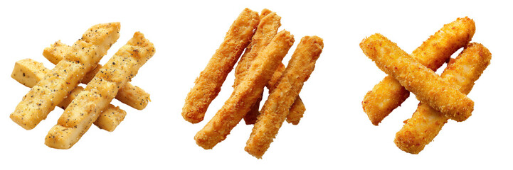 set of crispy fish sticks with a light, crunchy coating on a transparent background