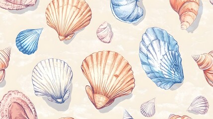 Colorful Seashells Seamless Pattern  Ocean Beach Summer Design  Beach Decor