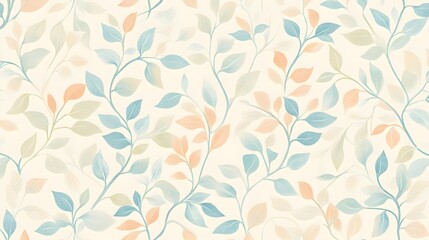 Fototapeta premium Delicate Watercolor Floral Pattern Pastel Blue and Peach Leaves on Cream Background