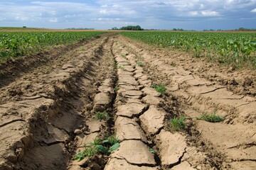 Cracked, dry earth path through a field of crops under a blue sky.