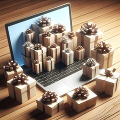 Shopping box on laptop, Online shopping. Cardboard box with a shopping cart logo in a trolley on a laptop keyboard payment by credit card and offers home delivery.