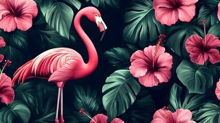 Pink Flamingo with Hibiscus Flowers in Tropical Jungle