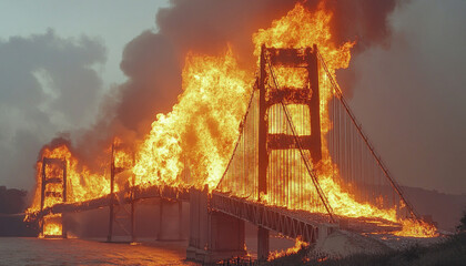 The golden gate bridge burning in a massive fire