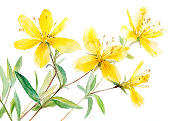 Obraz premium Watercolor painting representing st john's wort flowers blooming, for health and herbal medicine concept