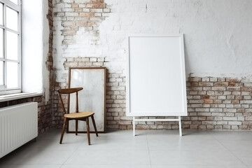 Minimalist home interior with wooden chair, desk, and blank framed poster mockup
