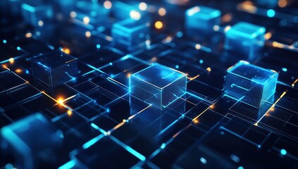 Obraz premium Abstract Digital Network with Glowing Cubes and Lines