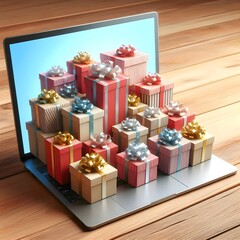 Shopping box on laptop, Online shopping. Cardboard box with a shopping cart logo in a trolley on a laptop keyboard payment by credit card and offers home delivery.