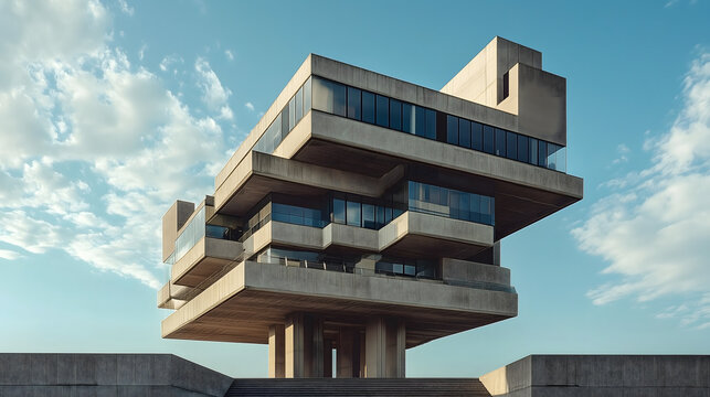Arquitectura brutalista, minimalista, de hormig&oacute;n visto con formas geom&eacute;tricas monocrom&aacute;ticas. 