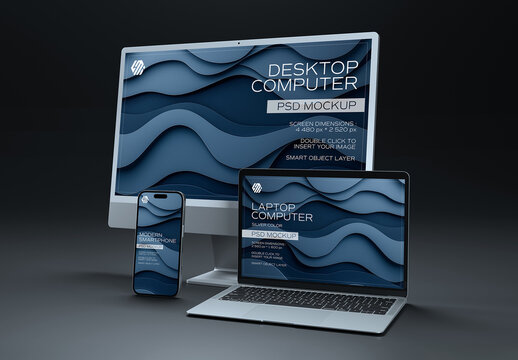 Devices Screens Mockup with Smartphone Computer and Laptop