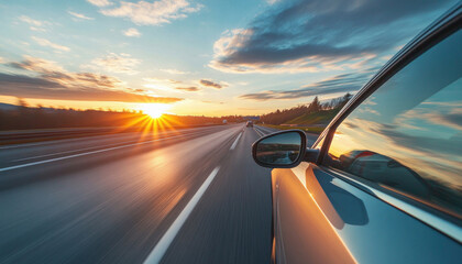 Obraz premium Car driving fast on highway at sunset with motion blur