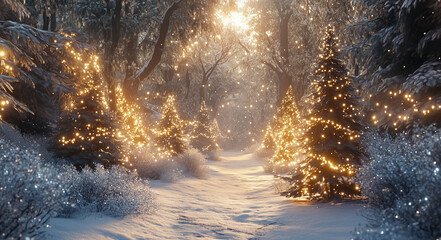 Magical Snowy Forest Path with Glowing Lights at Sunset