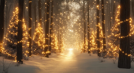 Magical Snowy Forest Path with Glowing Lights at Sunset