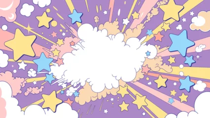 Gardinen Pop Art コミックアート風の星や雲、ふきだしが爆発するポップで可愛いフレーム。コピースペースのある紫色の背景イラスト  © nekokawaodori
