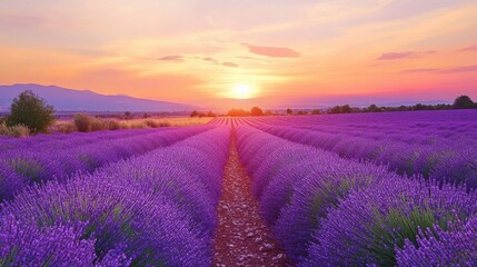 Obraz premium Vast lavender fields in full bloom under a soft pastel sunset in Provence, France