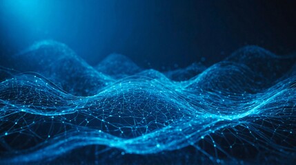 Abstract blue tech background with digital waves, network system with artificial neural connections and cyber quantum computing