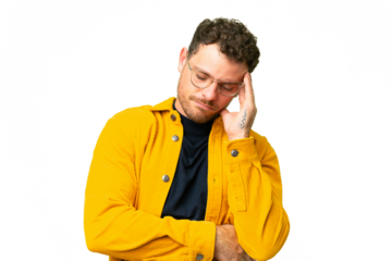 Brazilian man over isolated chroma key background with headache