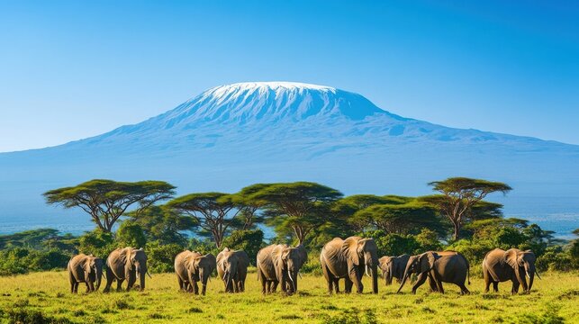 A herd of elephants walking across the African plains with Mount Kilimanjaro in the background under a clear sky