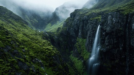 Rocky cliffs covered in green moss with a cascading waterfall flowing down into a misty valley