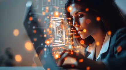 Woman interacting with a futuristic holographic interface, which includes a circuit-like pattern