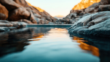 Serene close-up view of a calm water surface with large rocks in the foreground and blurred rocky background, reflecting the warm orange hues of sunset light.