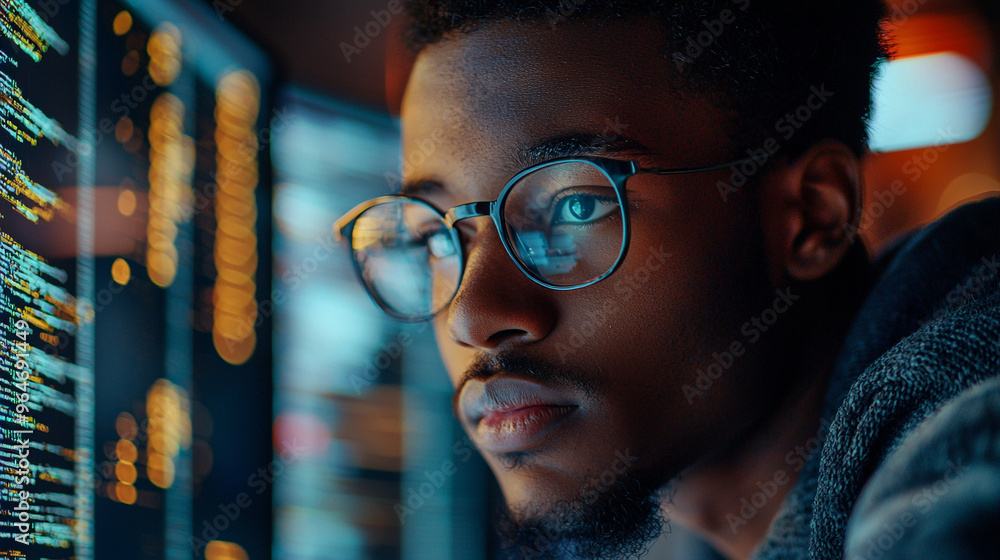 Poster a man wearing glasses is looking at a computer screen with a lot of code on it
